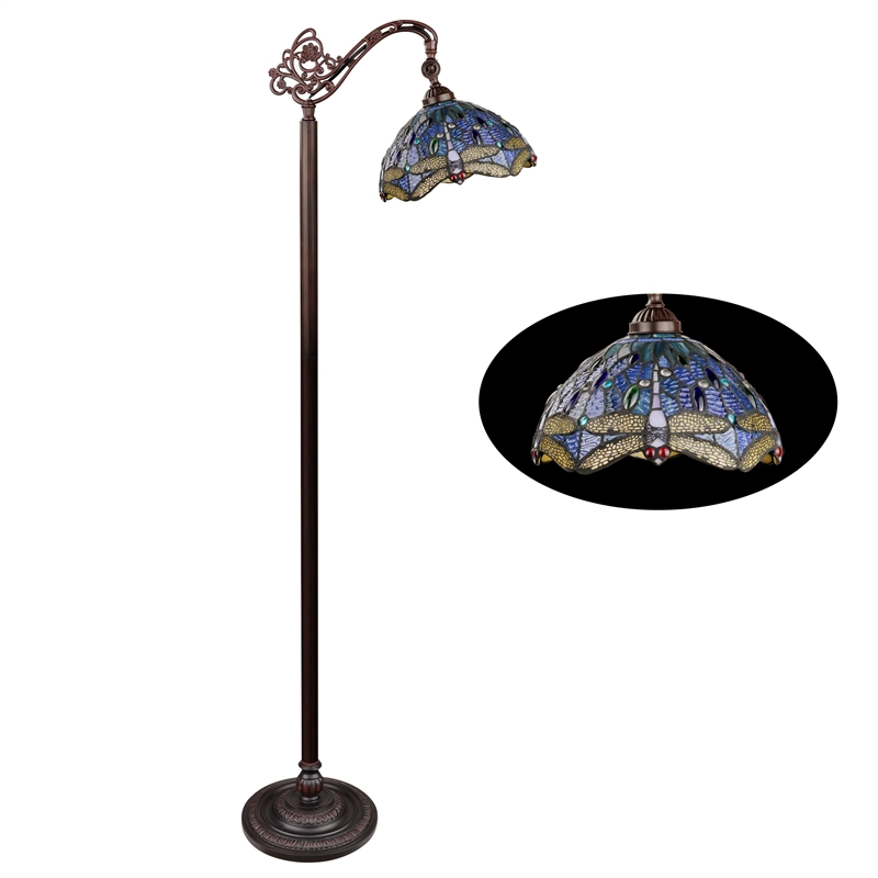 Pemberly Row Dragonfly 1-Light Metal Reading Floor Lamp in Bronze