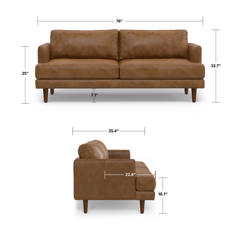 Pemberly Row Mid-Century 76inch Wide Sofa in Caramel Brown Genuine Leather