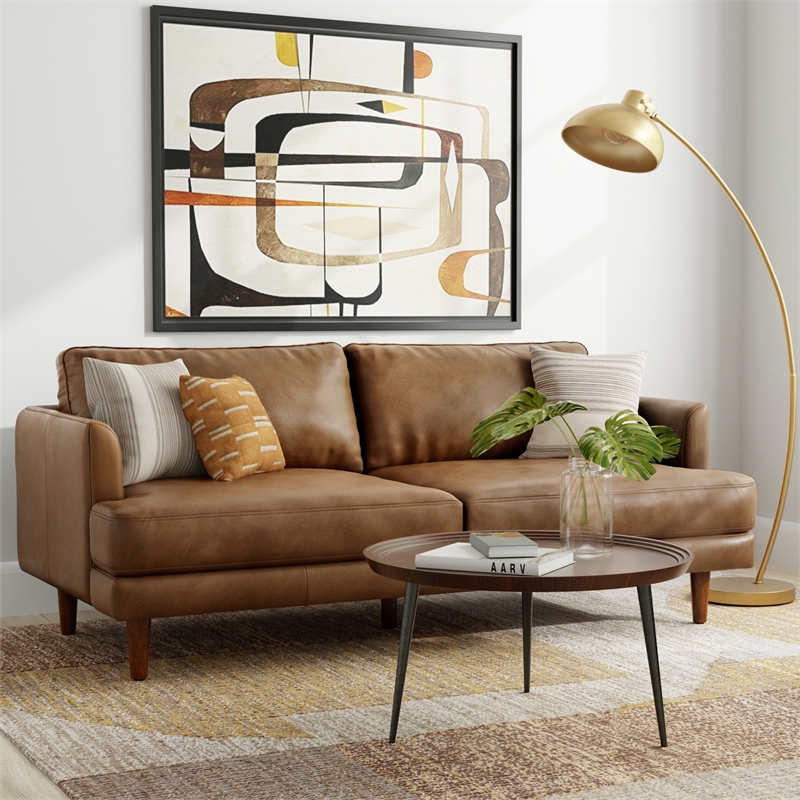 Pemberly Row Mid-Century 76inch Wide Sofa in Caramel Brown Genuine Leather