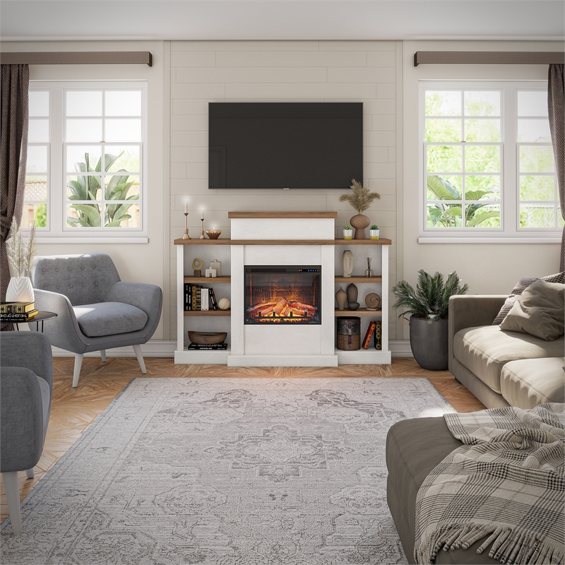 Pemberly Row Electric Fireplace Mantel & Bookcase - Plaster & Walnut
