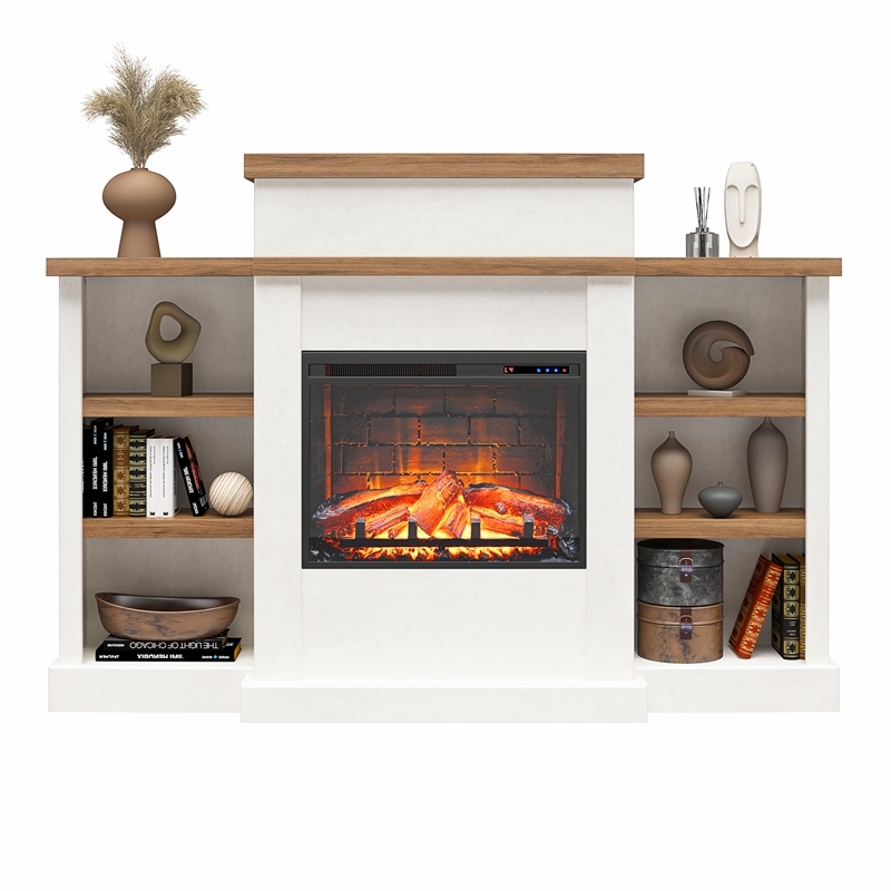 Pemberly Row Electric Fireplace Mantel & Bookcase - Plaster & Walnut