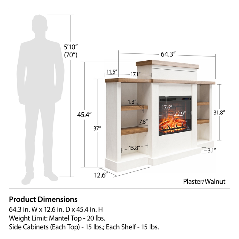 Pemberly Row Electric Fireplace Mantel & Bookcase - Plaster & Walnut