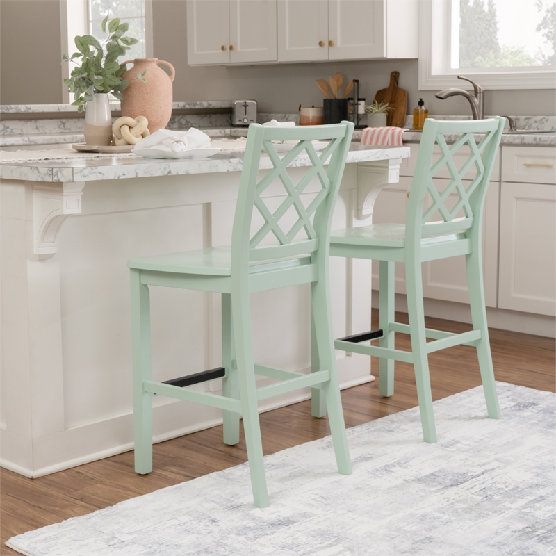Pemberly Row Sturdy Lattice Back Counter Stool in Crisp Mint Green Finish
