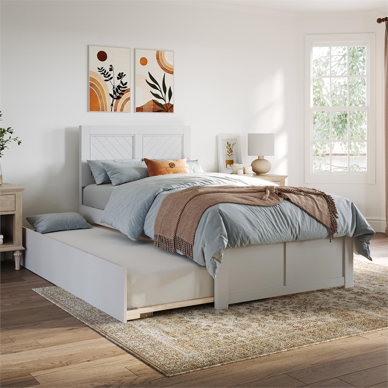 Pemberly Row Solid Wood Twin Size Platform Bed with Twin Trundle in White