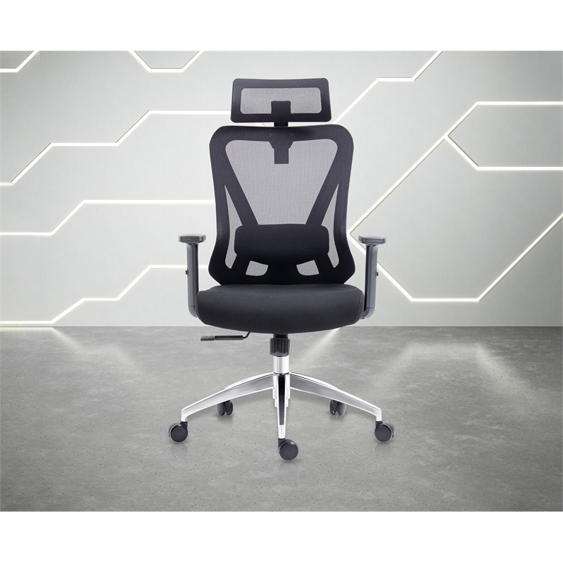 Pemberly Row Mesh Fabric Office Chair with Headrest & Lumbar Support in Black