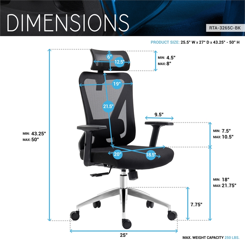 Pemberly Row Mesh Fabric Office Chair with Headrest & Lumbar Support in Black