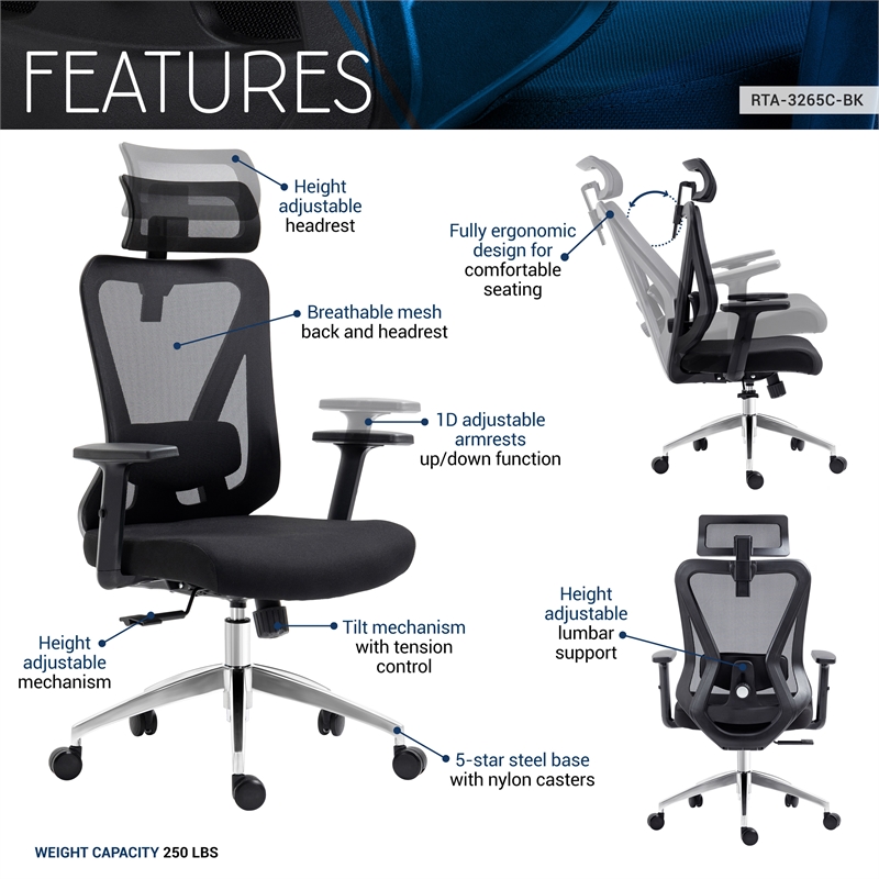 Pemberly Row Mesh Fabric Office Chair with Headrest & Lumbar Support in Black