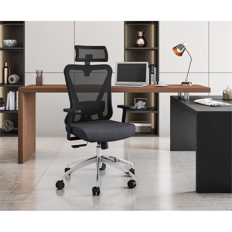 Pemberly Row Mesh Fabric Office Chair with Headrest & Lumbar Support in Black