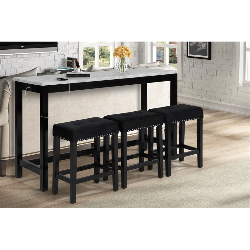 Pemberly Row Modern 4-Piece Faux Marble & Wood Bar Set in Black