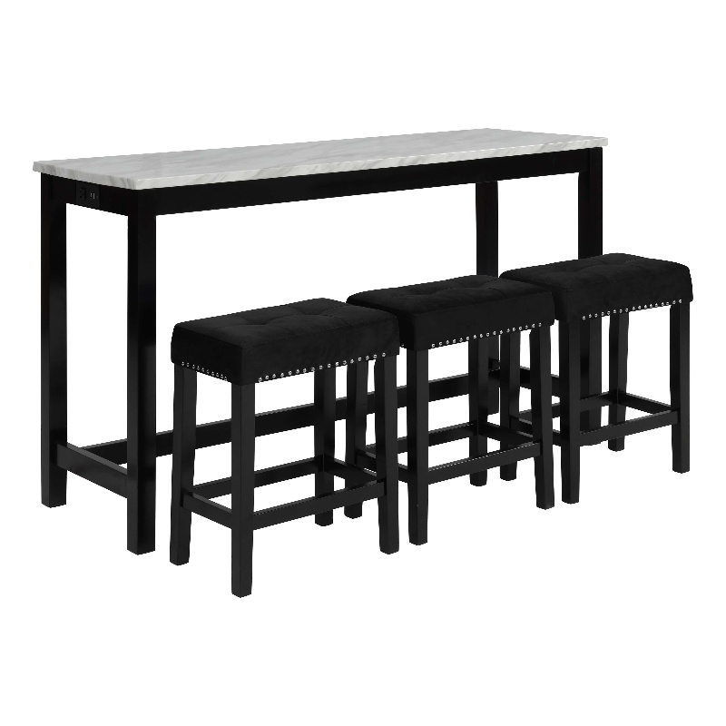 Pemberly Row Modern 4-Piece Faux Marble & Wood Bar Set in Black
