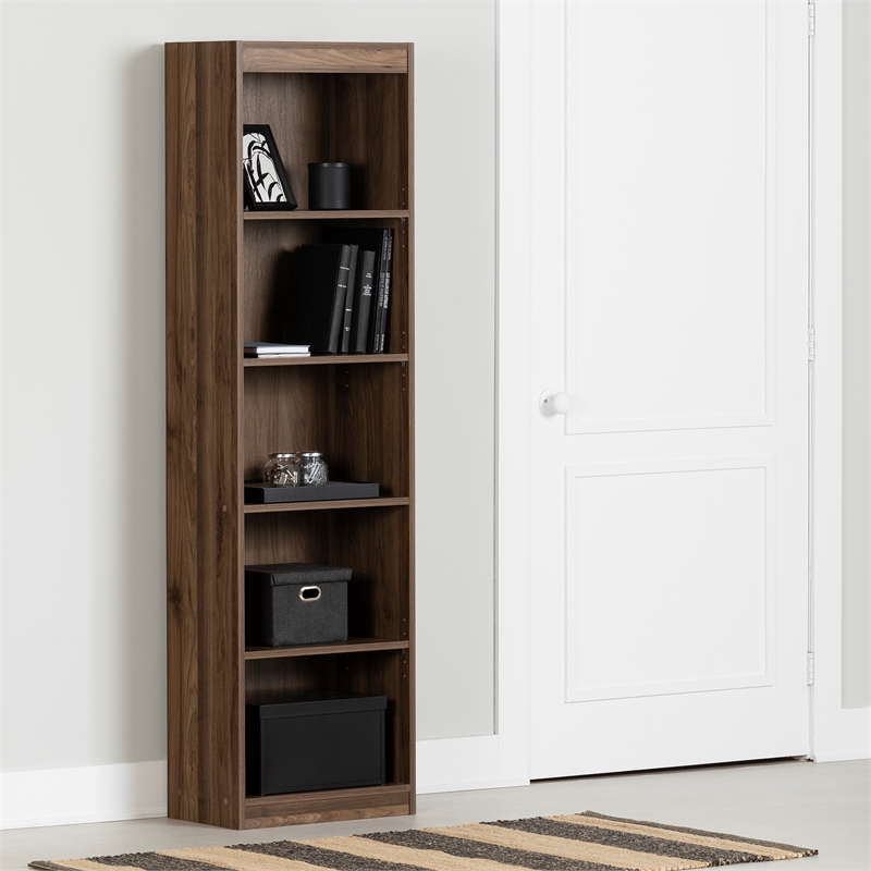 Pemberly Row Modern 5-Shelf Narrow Bookcase & Bookshelf in Natural Walnut