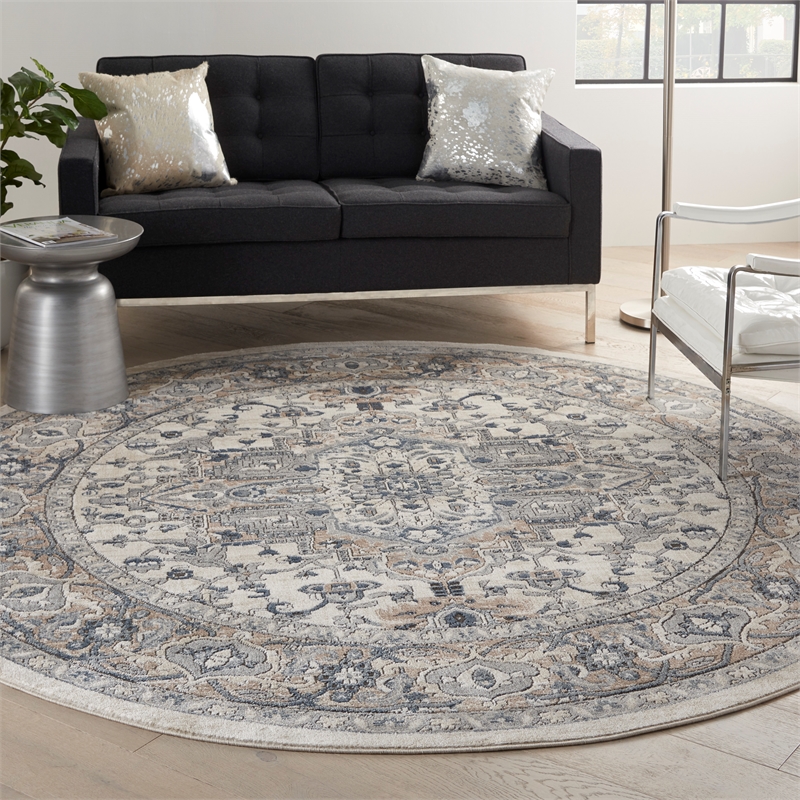 Pemberly Row 10' x Round Ivory Gray Fabric Farmhouse Area Rug (10' Round)