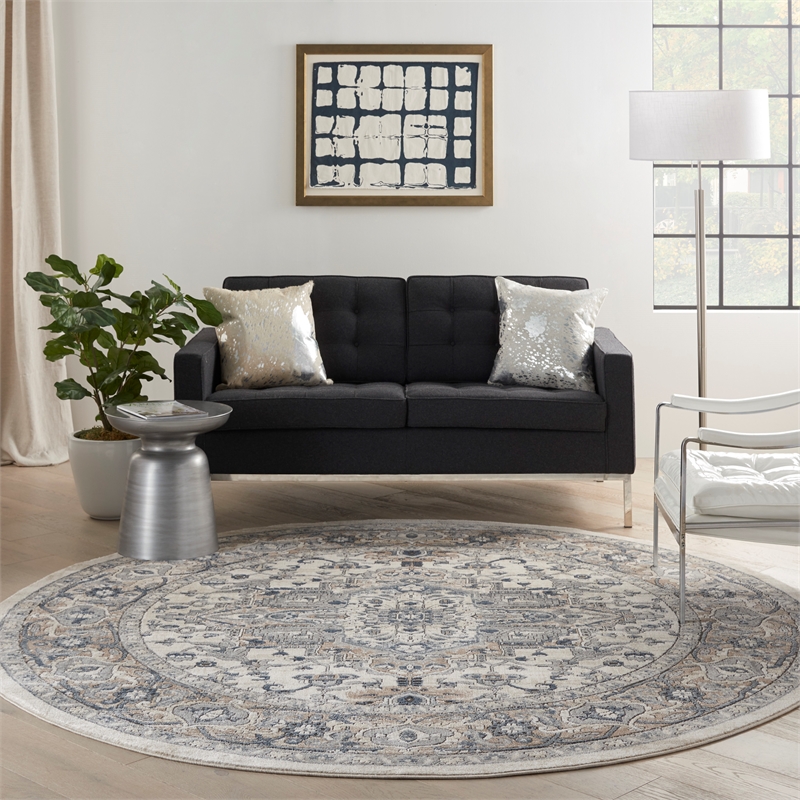 Pemberly Row 10' x Round Ivory Gray Fabric Farmhouse Area Rug (10' Round)