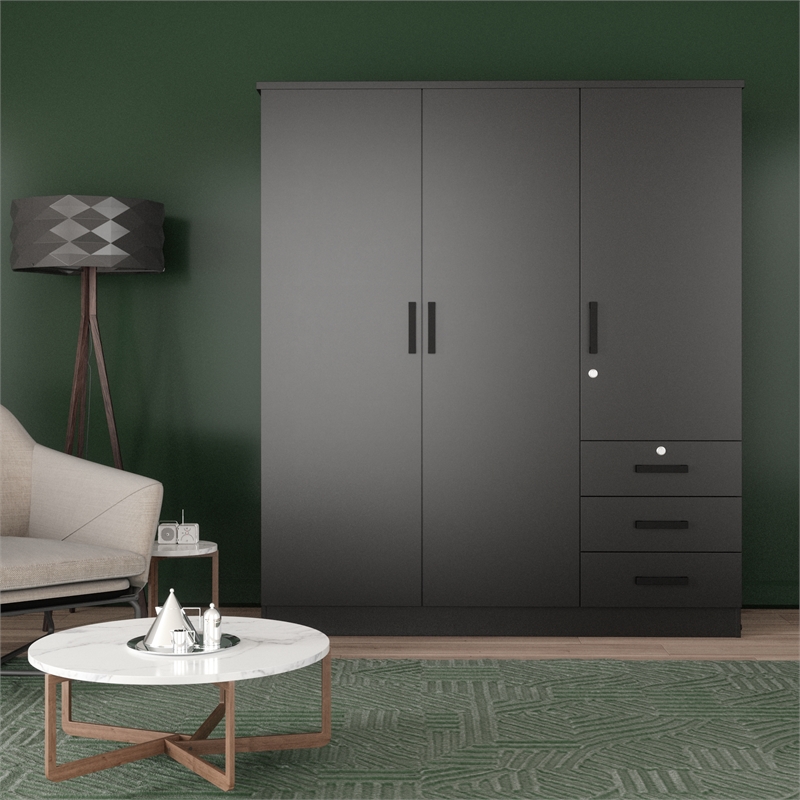 Pemberly Row Engineered Wood Wardrobe Armoire Closet in Black