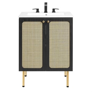 Pemberly Row 24&quot Wood & Rattan Bathroom Vanity in Black/White