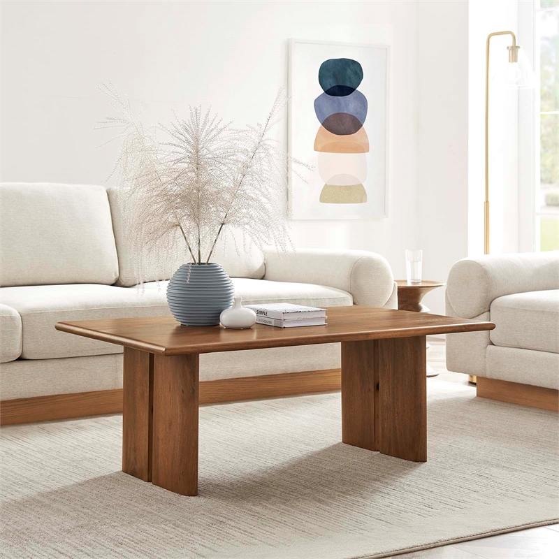 Pemberly Row Modern Wood Coffee Table with Adjustable Foot Pads in Walnut