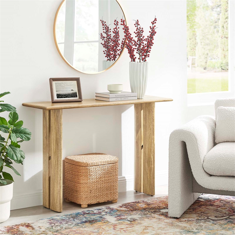 Pemberly Row Wood Console Table with Adjustable Foot Pads in Oak