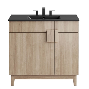 Pemberly Row 36&quot Wood Bathroom Vanity with Tapered Legs in Black/Oak
