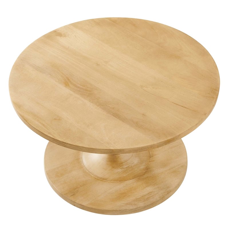 Pemberly Row Round Wood Coffee Table with Tapered Pedestal Base in Oak