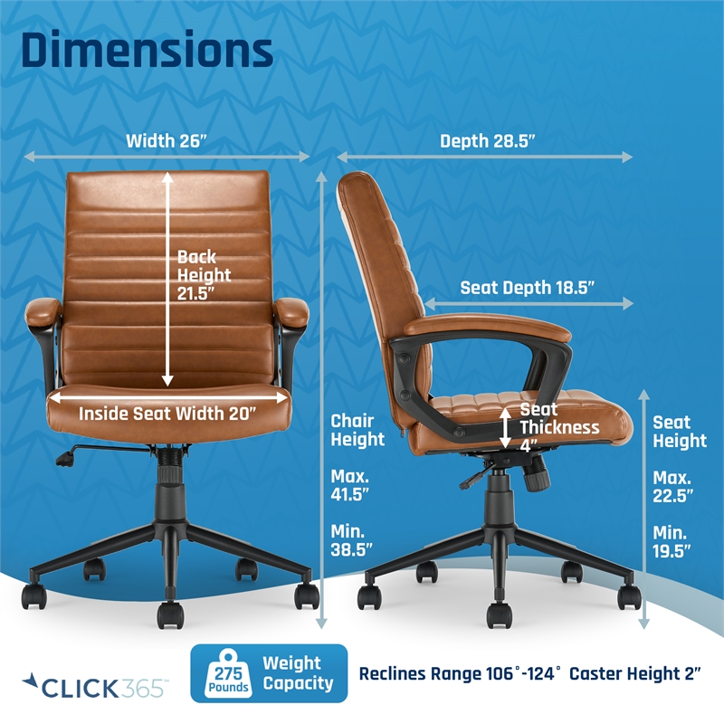 Pemberly Row Ergonomic Mid Back Desk Chair Bonded Leather Cognac