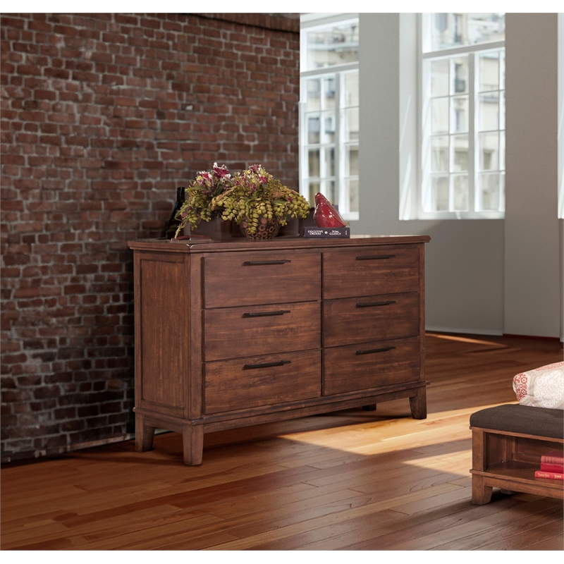 Pemberly Row Contemporary 6-Drawer Solid Wood Dresser in Chestnut