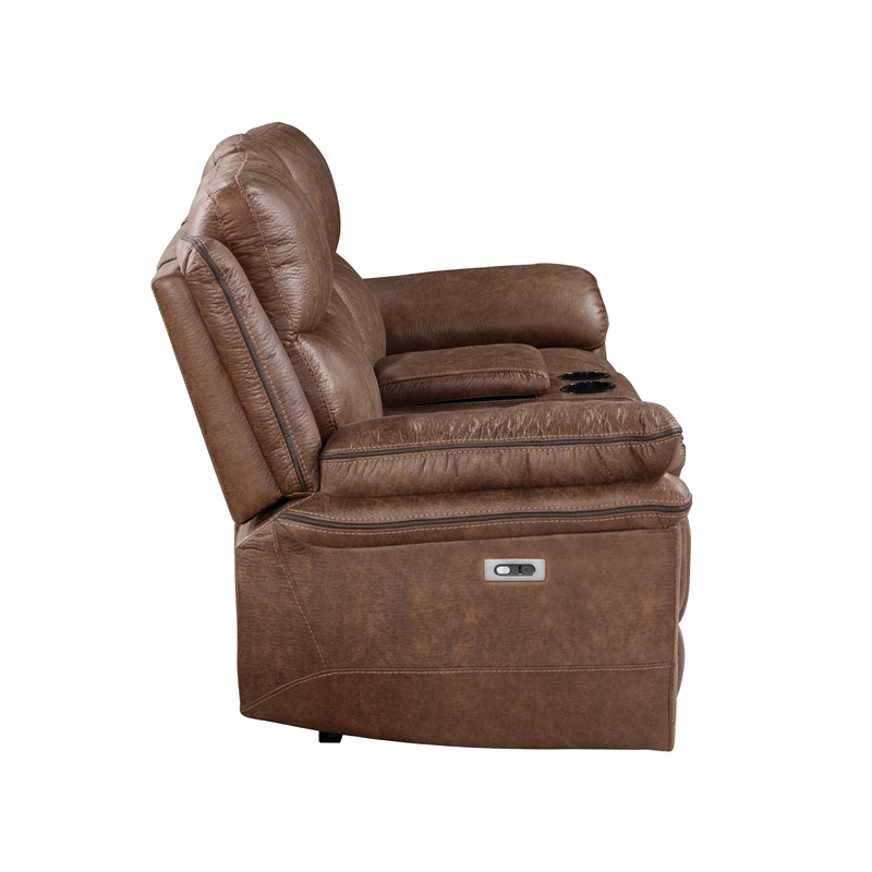 Pemberly Row Polyester Fabric Power Console Loveseat in Brown