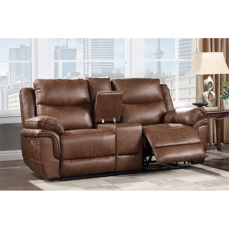 Pemberly Row Polyester Fabric Power Console Loveseat in Brown