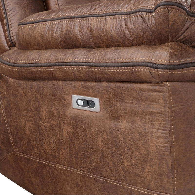 Pemberly Row Polyester Fabric Power Console Loveseat in Brown