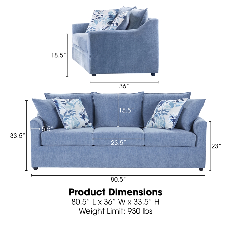 Pemberly Row Fabric Sofa with 4 Accent Pillows in Blue Slate