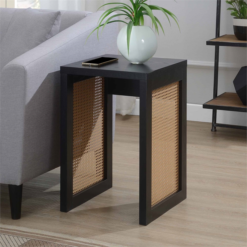 Pemberly Row Weave End Table in Black Wood Finish with Beige Sides