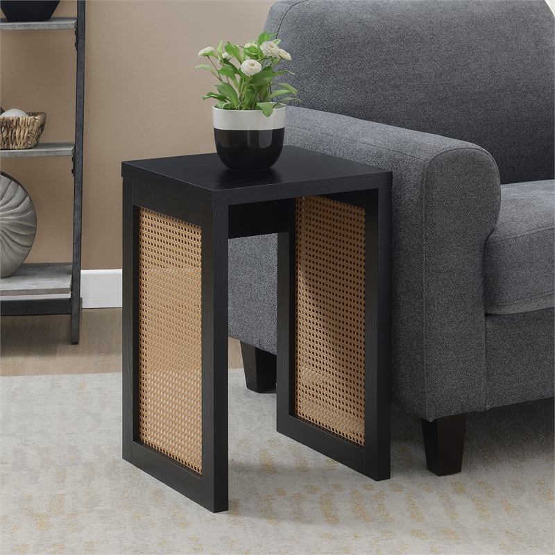 Pemberly Row Weave End Table in Black Wood Finish with Beige Sides