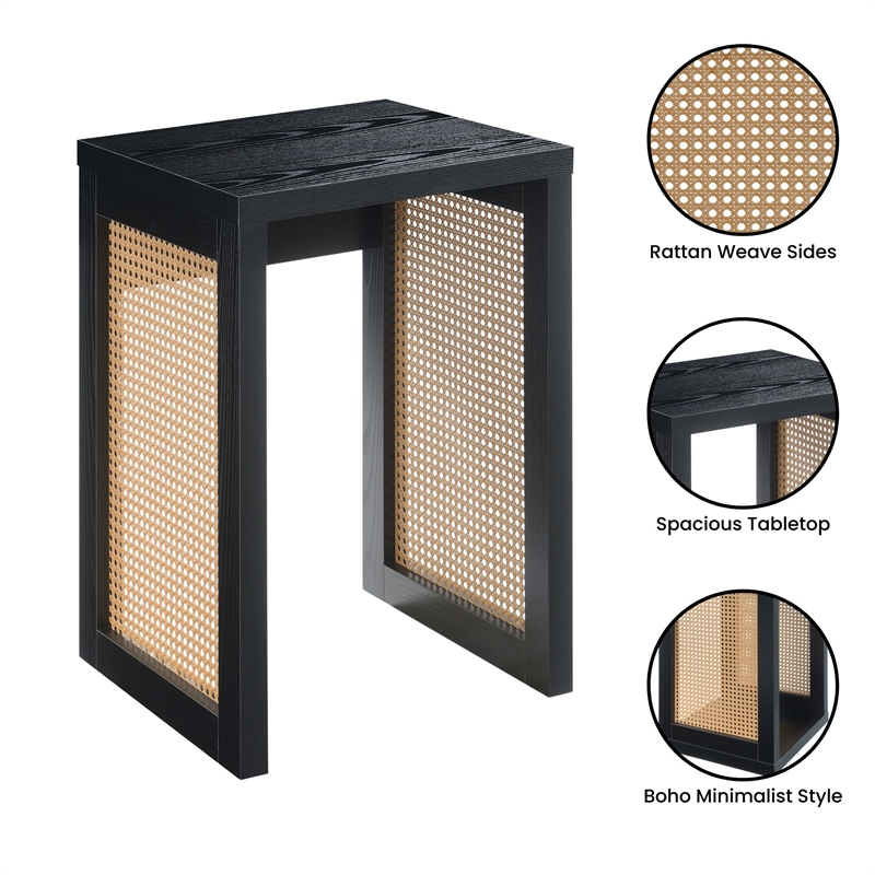 Pemberly Row Weave End Table in Black Wood Finish with Beige Sides