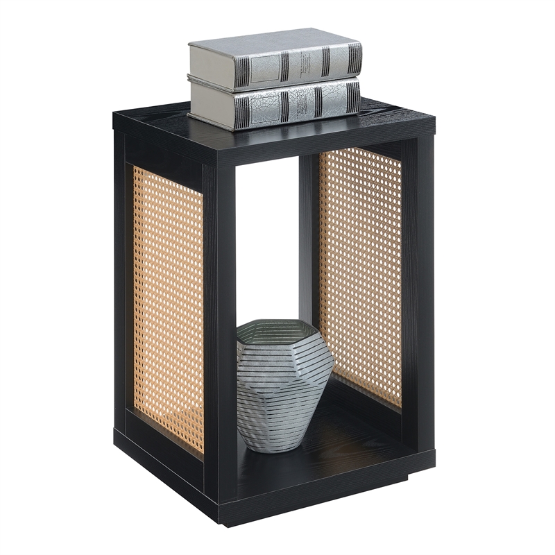 Pemberly Row Weave End Table with Shelf in Black Wood Finish and Beige Sides