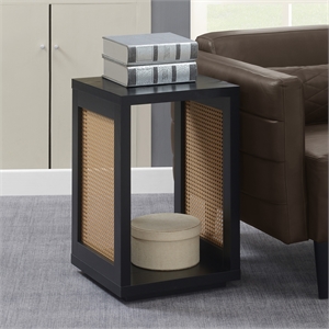 Pemberly Row Weave End Table with Shelf in Black Wood Finish and Beige Sides