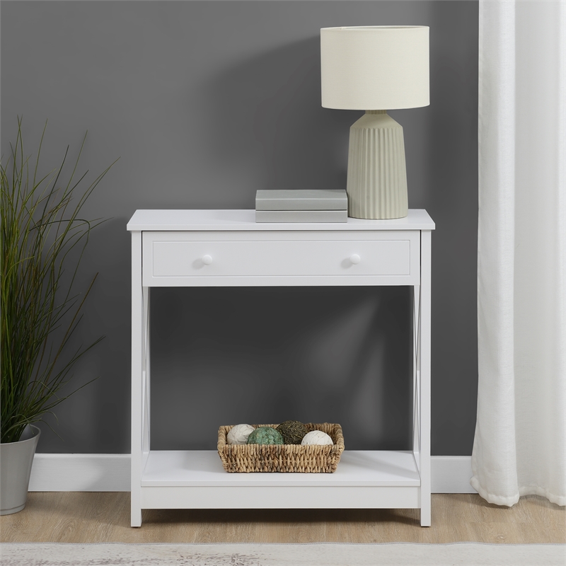 Pemberly Row One-Drawer Entryway Hall Table with Shelf in White Wood Finish