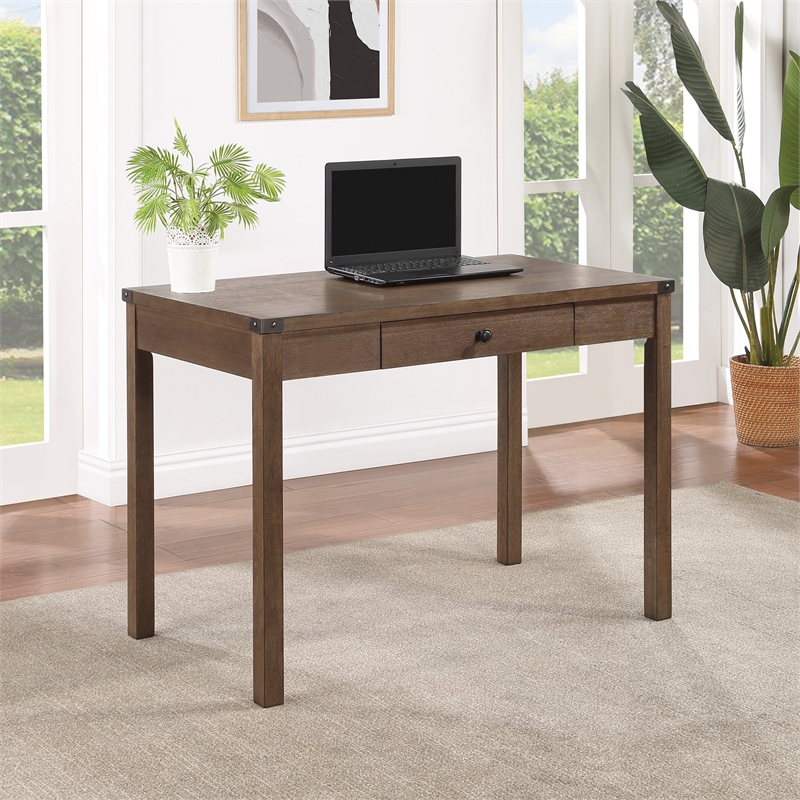 Pemberly Row Modern Writing Desk with Drawer in Wood Brown Oak