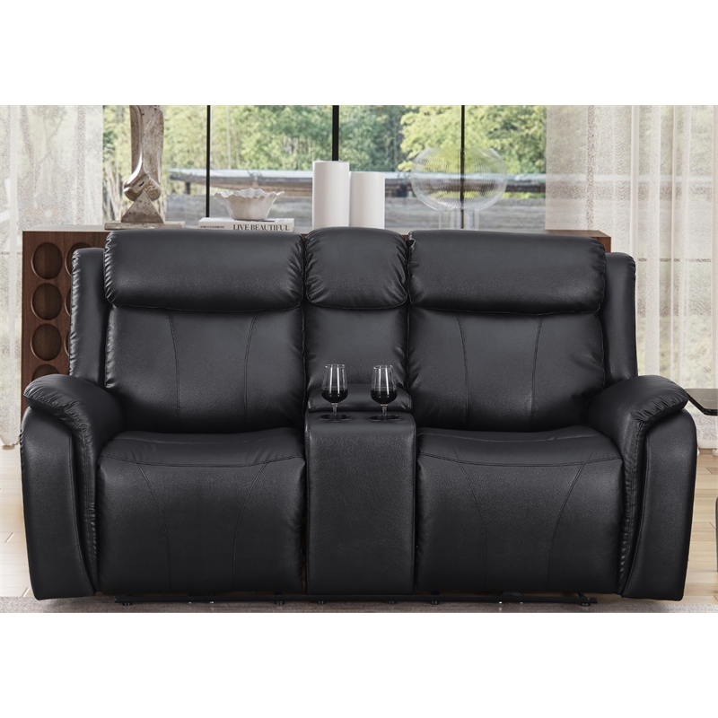 Pemberly Row Leather Loveseat Power Lift Reclining Sofa w/ Cupholder Black