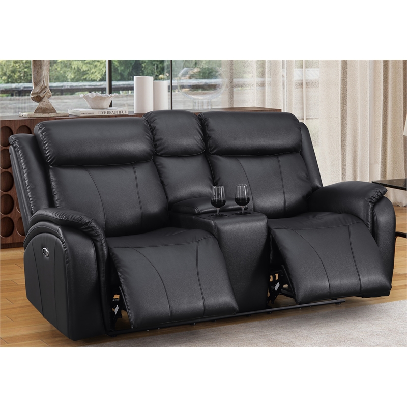 Pemberly Row Leather Loveseat Power Lift Reclining Sofa w/ Cupholder Black