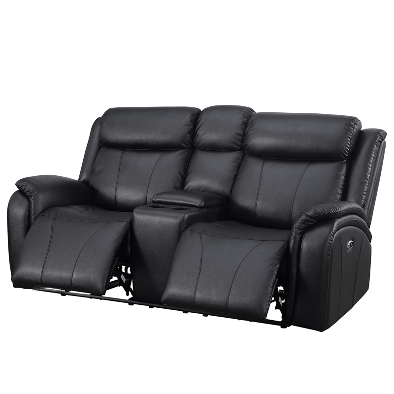 Pemberly Row Leather Loveseat Power Lift Reclining Sofa w/ Cupholder Black