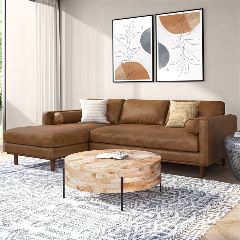 Pemberly Row Mid-Century Left Sectional 102 inch Wide in Caramel Brown Leather