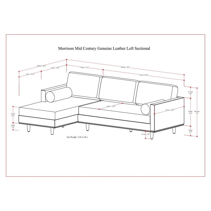 Pemberly Row Mid-Century Left Sectional 102 inch Wide in Caramel Brown Leather