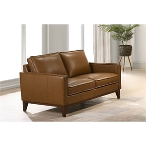 Pemberly Row Modern Leather Upholstered Loveaseat in Caramel Brown