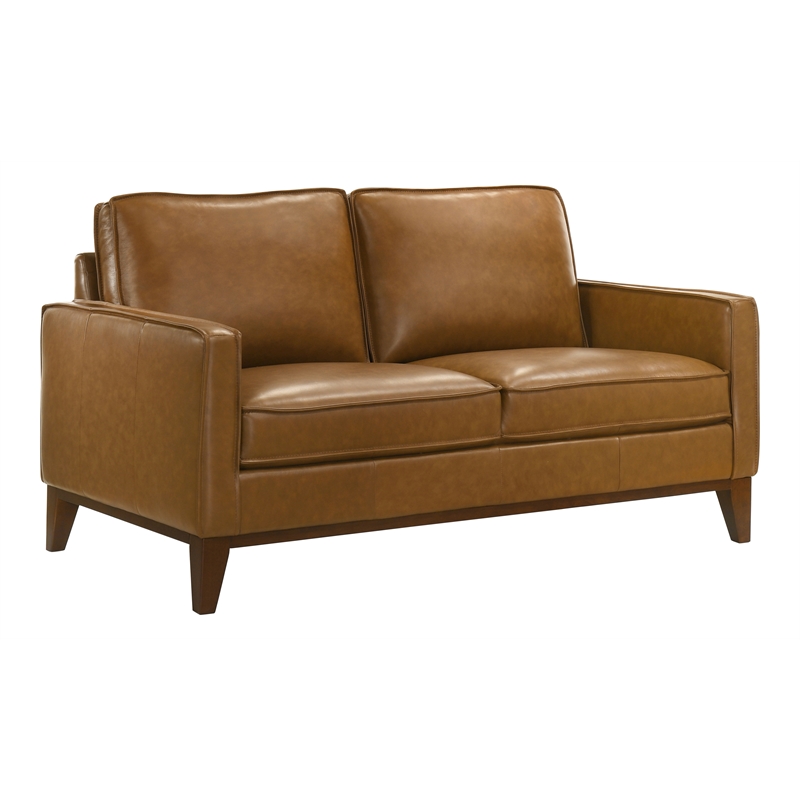 Pemberly Row Modern Leather Upholstered Loveaseat in Caramel Brown
