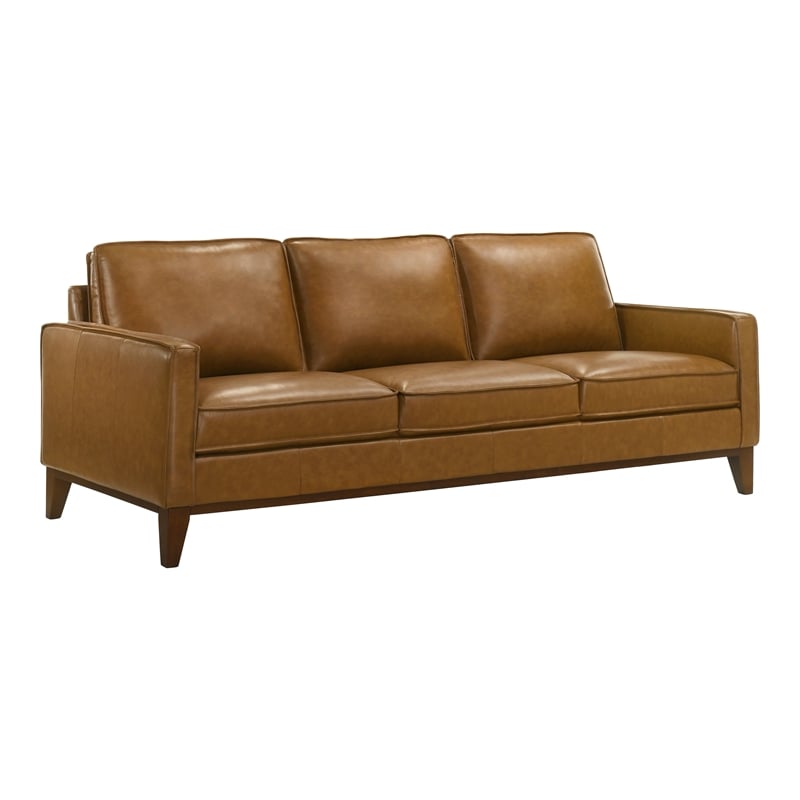 Pemberly Row Modern Leather Upholstered 3-Seater Sofa in Caramel