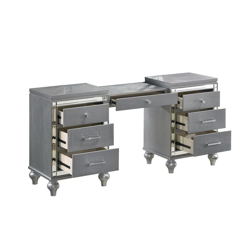 Pemberly Row Contemporary Solid Wood 7-Drawers Vanity in Silver