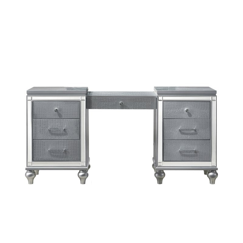 Pemberly Row Contemporary Solid Wood 7-Drawers Vanity in Silver