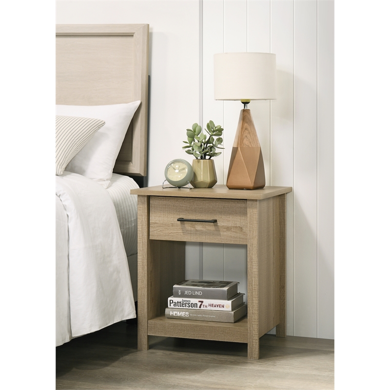 Pemberly Row Wood Nightstand with Drawer and Open Storage Shelf Bedside Table