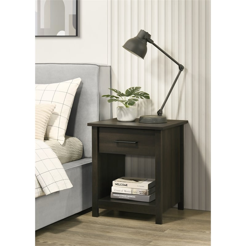 Pemberly Row Wood Nightstand with Drawer and Open Storage Shelf Bedside Table