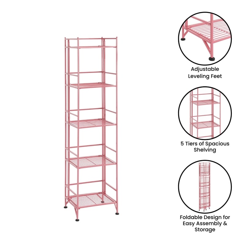 Pemberly Row Modern Five-Tier Folding Metal Shelf in Pink Finish