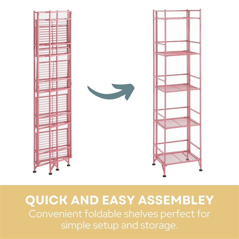 Pemberly Row Modern Five-Tier Folding Metal Shelf in Pink Finish